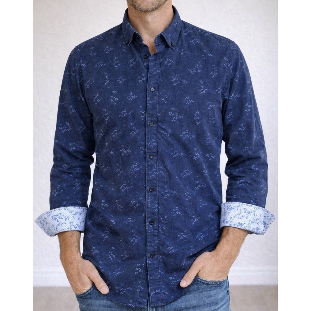 Guide London Shirt Mens M Medium Blue Floral Premium Range Flip Cuff Dot Stretch